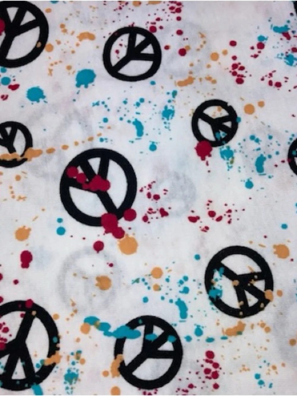 Peace Signs On White Paint Splatter Fabric 1 Yd X 64”